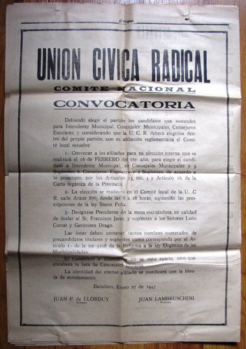 Afiche De La Unión Cívica Radical , Elecciones, Enero 1947
