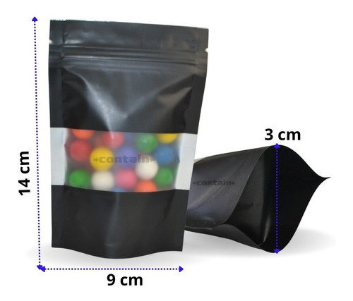 Imagen 3 de 7 de 50 Bolsa Stand Up Pouch Cierre Negro Mate Ventana De 50 Grs