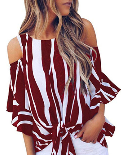 Blusa A Rayas Para Mujer, Hombros Descubiertos, Lazo En La C