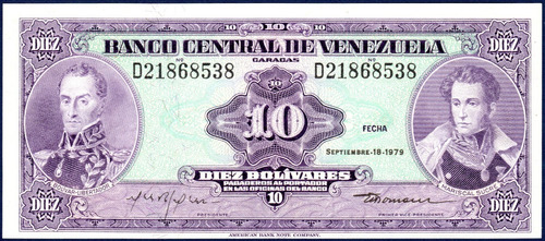 Billete 10 Bolívares D8 Septiembre 18 1979 Bolívar Y Sucre