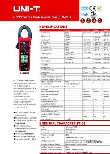 Pinza Amperimétrica Digital Uni-t Ut-219e 600a Emakers