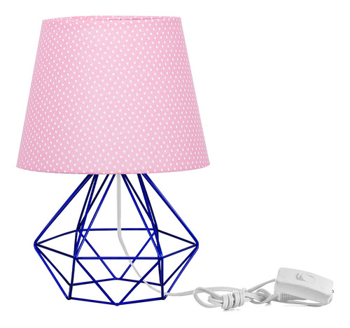 Abajur Diamante Dome Rosa Bolinha Com Aramado Azul Metálico