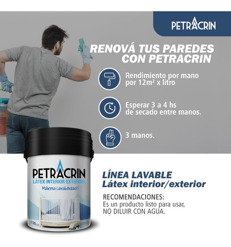 Imagen 5 de 8 de Pintura Latex Lavable Color Blanca 20 Litros Petracrin +