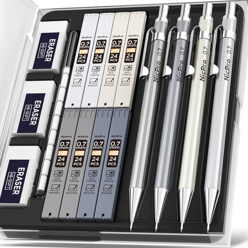 Set 4 Lápices Mecánicos Nicpro 0.7mm Con Recargas
