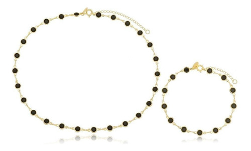 Choker E Pulseira Bolinha Preta E Dourada Banhada A Ouro 18k