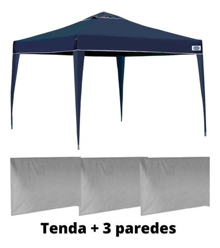 Kit Tenda Gazebo Dobrável Azul 3x3 M Mor + 3 Paredes Brancas