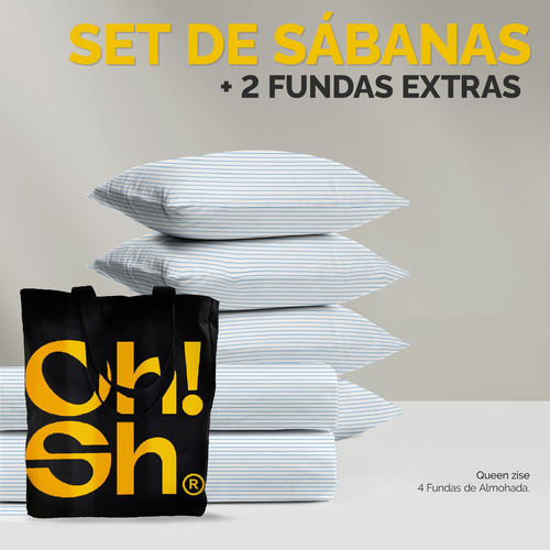 Oh! Sheets Juego De Sabanas Microfibra 7 Piezas Queen Size Azul Rayas
