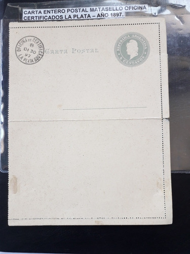 Entero Postal Matasello Oficina Certificados La Plata 1897