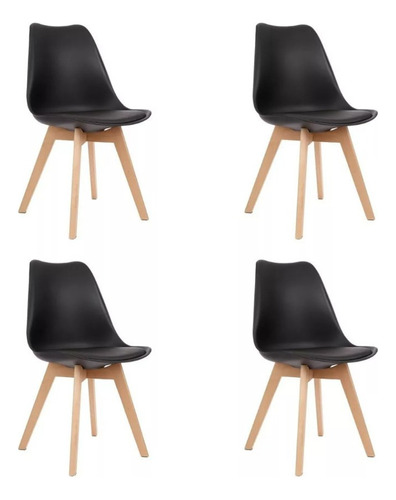 Kit 4 Cadeiras Eames Tulipa Wood Design Estofadas De Jantar Assento Preto