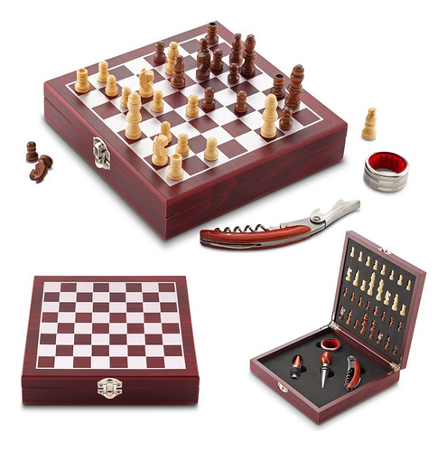 Set De Vino Chess Incluye 4 Accesorios Estuche En Madera 