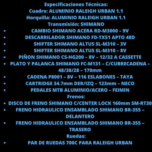 Bicicleta Raleigh Urban 1.1 Rod 28 Full Aluminio Disco Hidra