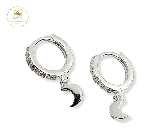 Imagen 1 de 5 de Aros Plata Argolla Micro Pave Con Luna Colgante 12 X 20mm