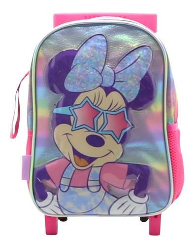 Mochila Con Carro Jardin 12p Disney Minnie Mouse Con Luz Color Fucsia con Plateado