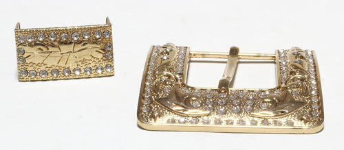 Kit Fivela E Passador Dourado Com Strass Para Cintos Country