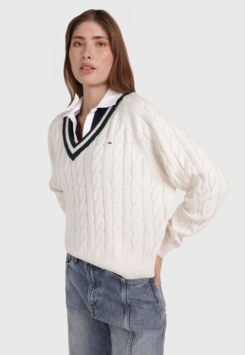 Sweater Acanalado Con Logo Blanco Tommy Jeans