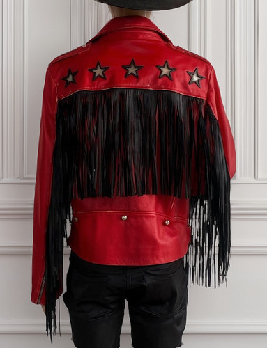Campera Ginebra Privé De Cuero Con Flecos Roja - Exclusiva