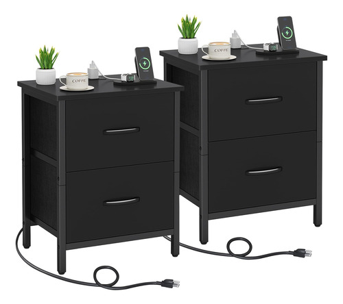 Juego De 2 Mesitas De Noche Con Carga Usb Y 2 Cajones Negro