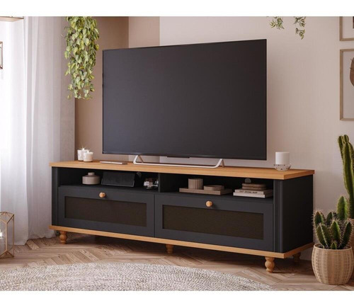 Rack Para Tv Sala Mdf 180cm Preta Chumbo Gavetas Pés Madeira