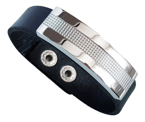 Bracelete Pulseira Masculina Couro E Aço Prateada 15mm