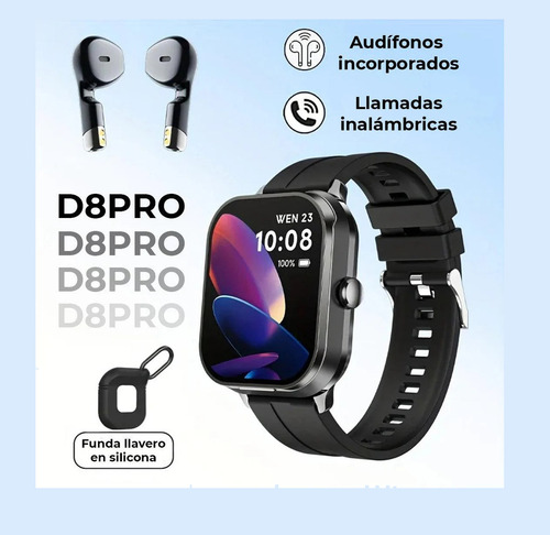 Reloj Inteligente D8 Pro Smartwatch Con Audífonos Bluetooth Integrados 2 En 1 Con Funda De Silicona Pantalla Táctil Hd Para Mujer Y Hombre Notificaciones Sensor De Ritmo Cardiaco Color Negro