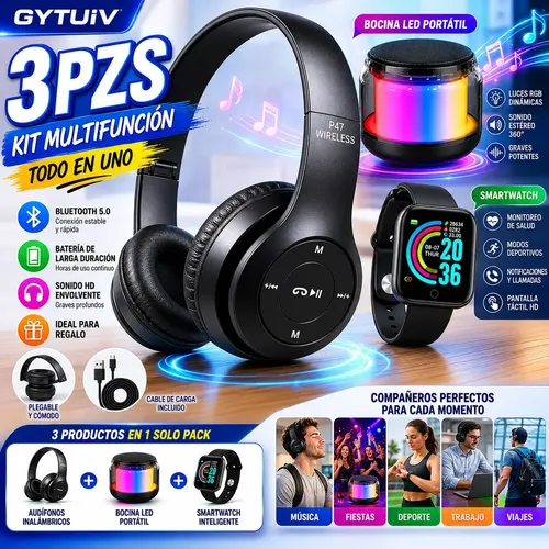 Pack 3 en 1: Audífonos Inalámbricos, Smartwatch y Mini Bocina Bluetooth con Luces LED