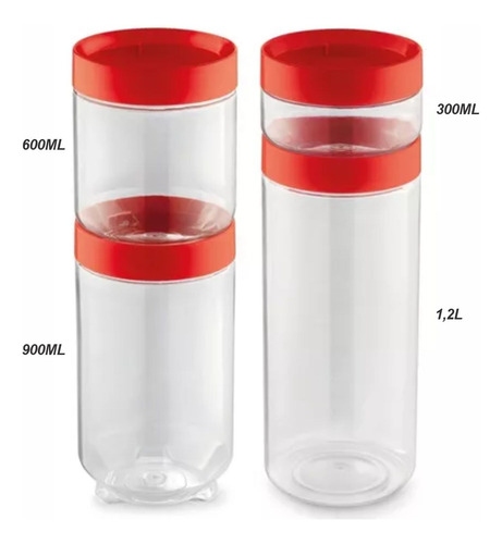 Kit 4 Pote Conecta Uz Tampa Rosqueável Empilhável Vermelho