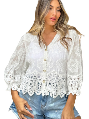 Camisola Blusa Importada Con Botones Bordada Crochet Escote 