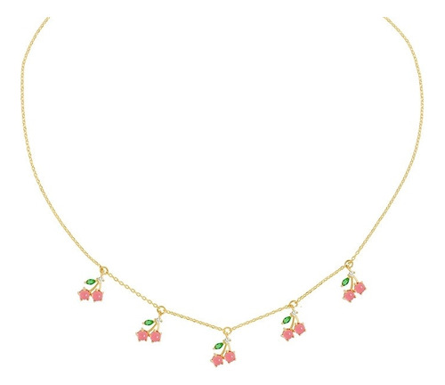 Collar Para Mujer Cristales De Cerezas Rojas Chapa De Oro