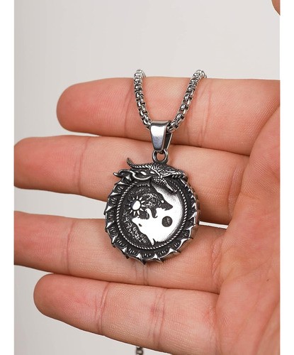 Collar Vikingo Ouroboros Con Lobo Skoll Hati En Acero Inoxid
