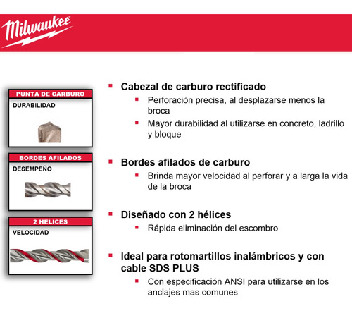 Broca Concreto Sds Plus 1/2 X 8 X 10 Milwaukee 48-20-6073