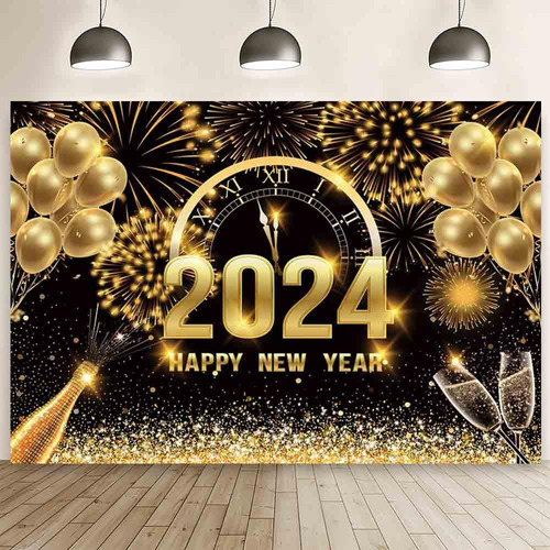 Fondo De Año Nuevo 2024 Negro Con Globos Dorados 3x2.13mts