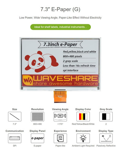 Waveshare De 7.3 Pulgadas E-paper (g) Pantalla Raw Compatibl
