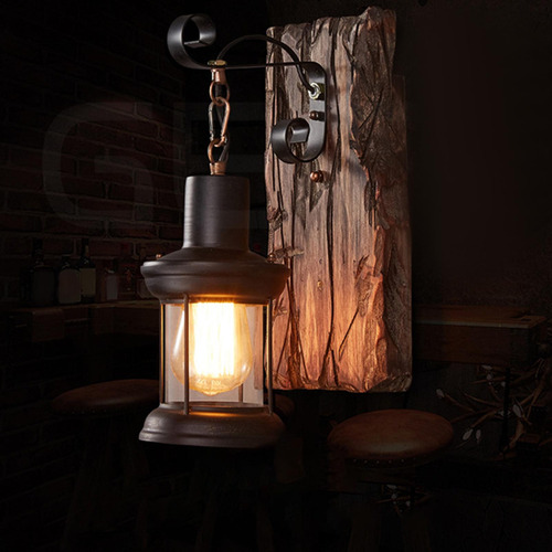 3 Aplique De Pared De Madera Industrial De, Luz E27, Metal