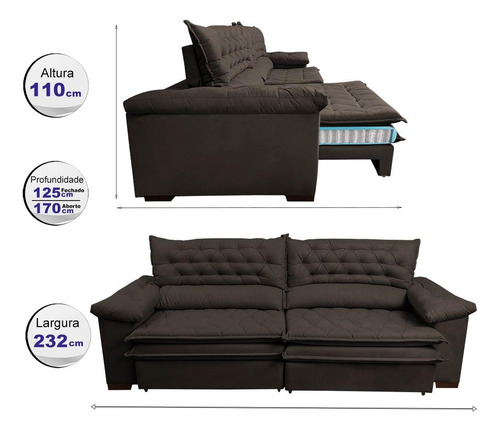 Sofá Retrátil Reclinável 2,32m Cama Inbox Alemanha. Velusoft