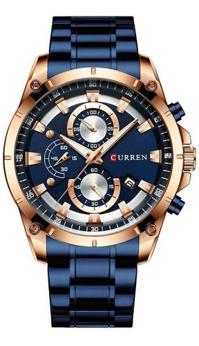 Relógio Masculino Dourado Azul Pulseira Aço Curren 8360