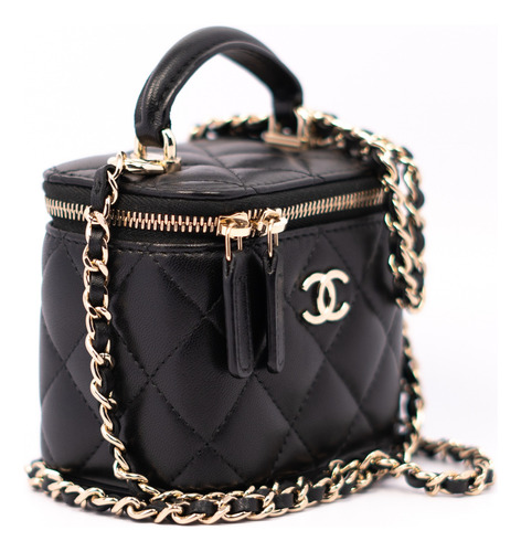 Mini Bolso Chanel Vanity Original Con Certificado Entrupy Negro Acolchado Metal Negro/plata (Usado)
