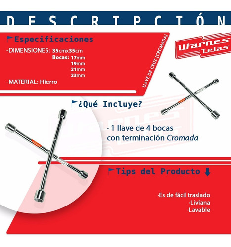 Imagen 4 de 7 de Llave Cruz Universal Auto Rueda Llanta 4 Bocas Reforzada