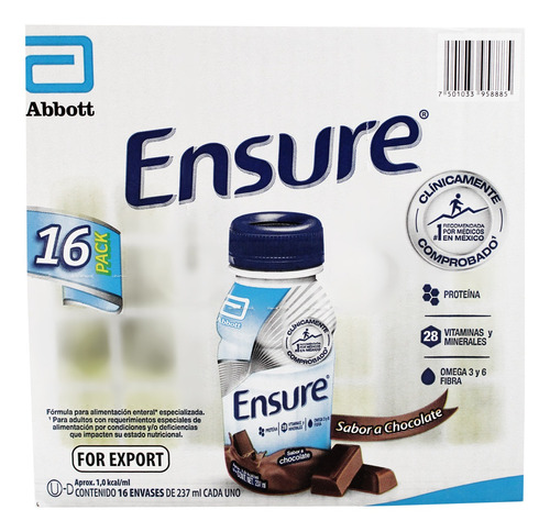 Caja De Ensure Sabor Chocolate 16 Piezas De 237 Ml C/u