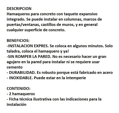 Imagen 4 de 5 de Hamaquero Para Concreto. Facil De Instalar. Para Hamacas