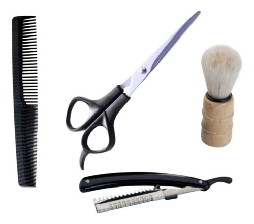 Kit Barba Tesoura Pente Navalhete Pincel 4 Peças C02