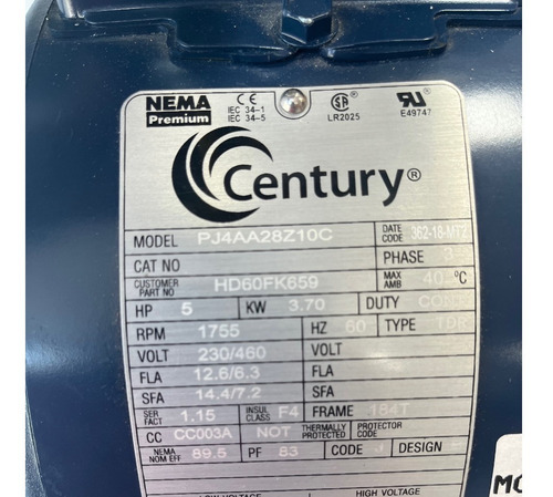 Motor Century 5hp Pj4aa28z10c 230/460v 3ph 60hz 184t 1755rpm