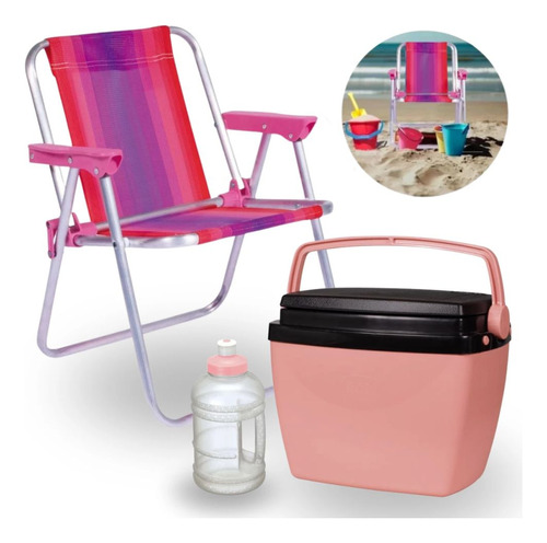 Cooler 6l Rosa + Garrafa Termica Mini+ Cadeira Rosa Infantil