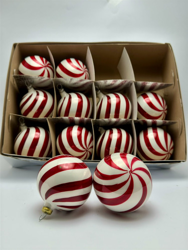 12 Esferas Medianas De Navidad Artesanales De Vidrio Soplado Rojo/blanco Caramelo