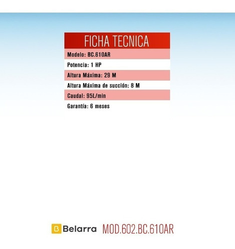 Bomba Centrifuga 1 Hp Monofásica Belarra Bch2500