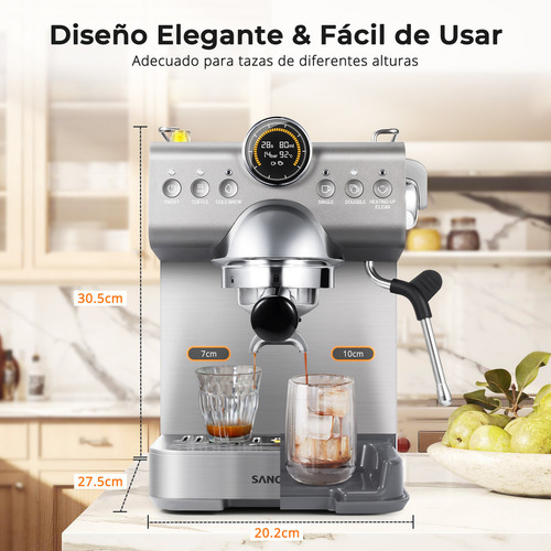 Sangkee Máquina de espresso con Cold Brew, Cafetera Espresso Profesional con Varilla de Vapor para Espumar Leche para Lattes y Capuchinos, Máquina de Café Espresso con Pantalla LED (Acero Inoxidable)