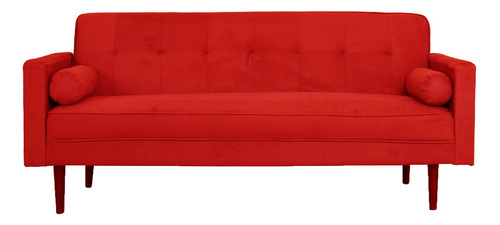 Sillon Sofa Cama De Tela + 2 Almohadones Patas De Madera LG Color Rojo