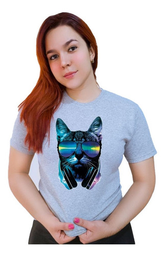 Polera Dama Estampada 100%algodon Diseño Gato De Colores