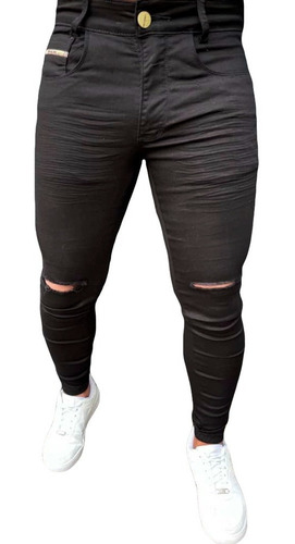 Calça Jeans Masculina Com Rasgos Joelho Destroyed Skinny