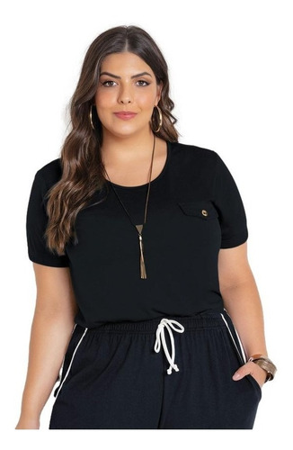 Imagem 1 de 7 de Blusa Feminina Em Poliviscose Com Lapela Moda Plus Size