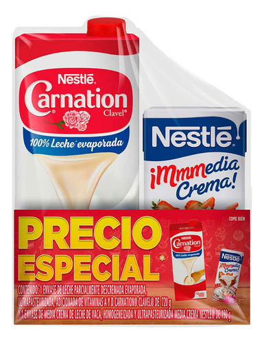Leche Evaporada Nestlé Carnation Clavel 720g más Nestlé Media Crema 190g